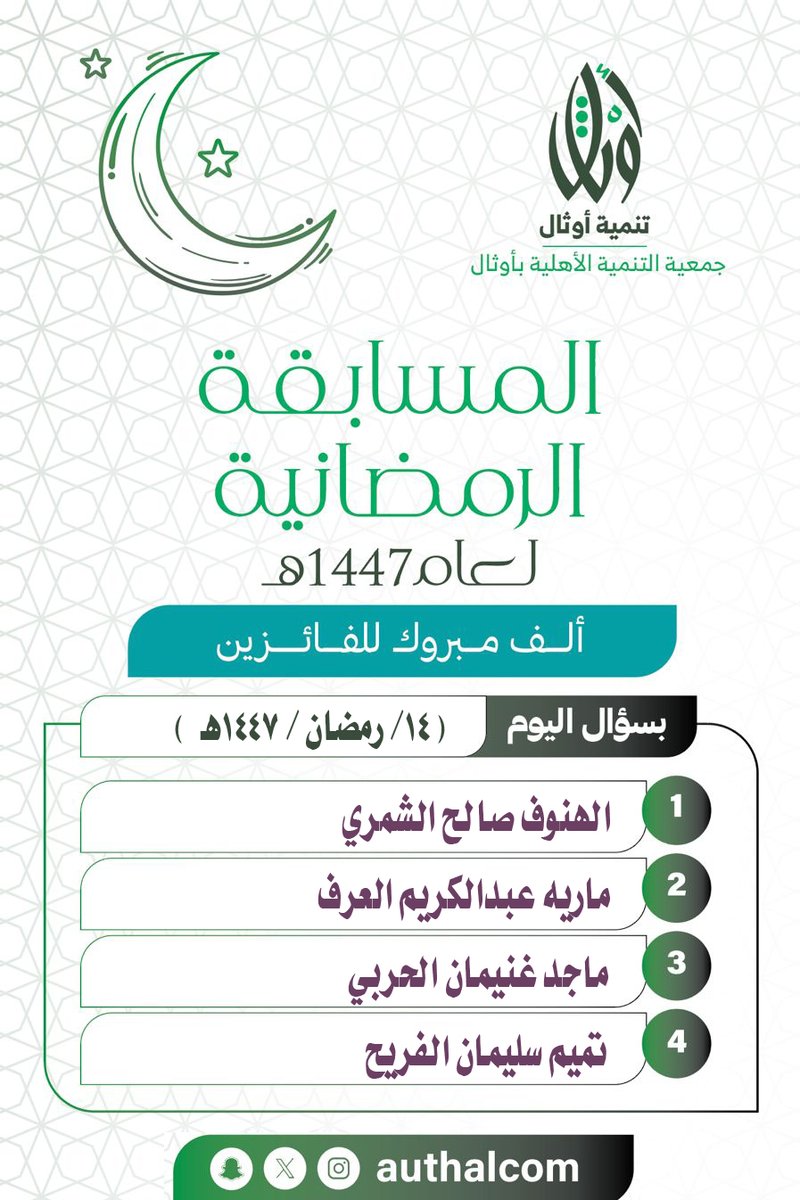 authalcom's tweet photo. .                                   

.                                      

الفائـزون بسـؤال اليـوم الرابع عشر       

#أوثال 
#جمعية_التنمية_الأهلية_بأوثال 
#رمضان_شهر_الخير                                      

. https://t.co/40WO8834Tw