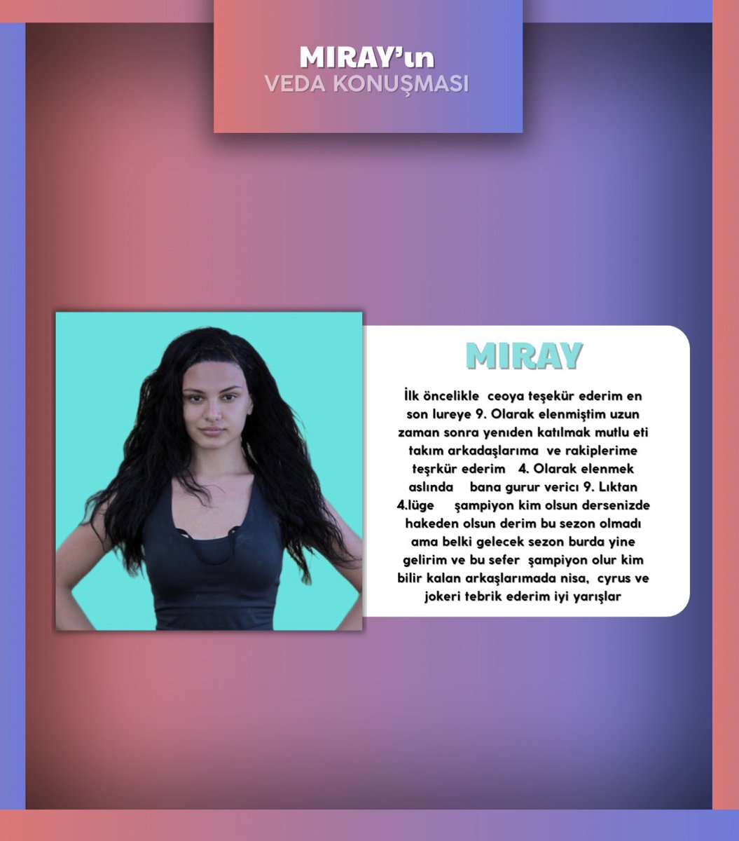 Lurevivor’da düelloda rakibine 5-3’lük skor ile elenen isim Miray ( <a href="/MirayNBFC_/">mirayNb🇨🇿 🏆(ง'̀-‘́)ง ♥︎</a> ) oldu, sezonu dördüncü olarak bitiriyor, kendisini tebrik ederiz.

Kendisine sanalıma kattığı renkler için teşekkür ederim.🙏