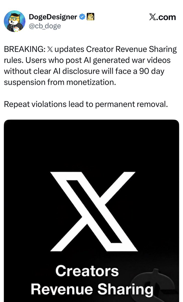 X suspends revenue sharing for undisclosed AI war videos.