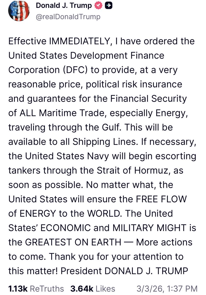 Translation:

U.S. taxpayers are now subsidizing private shipping companies because of Donald Trump’s illegal war in Iran.