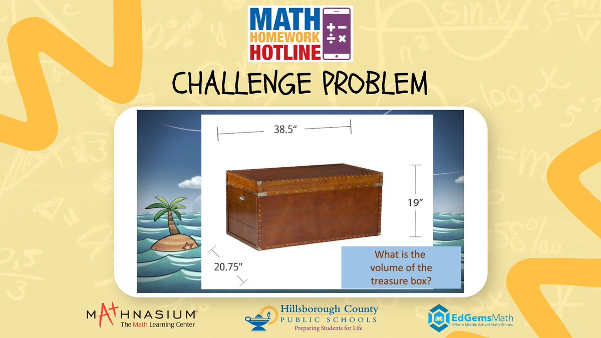 HillsboroughSch's tweet photo. TIME TO TUNE IN 🕧 #MathHomeworkHotline begins NOW!
Here's a look at tonight's Challenge Problem.

📞 813-840-7260  
📺 Spectrum Ch. 635 / Frontier Ch. 32
💻 https://t.co/ffws4iLj1F https://t.co/TAUgYWGJX1