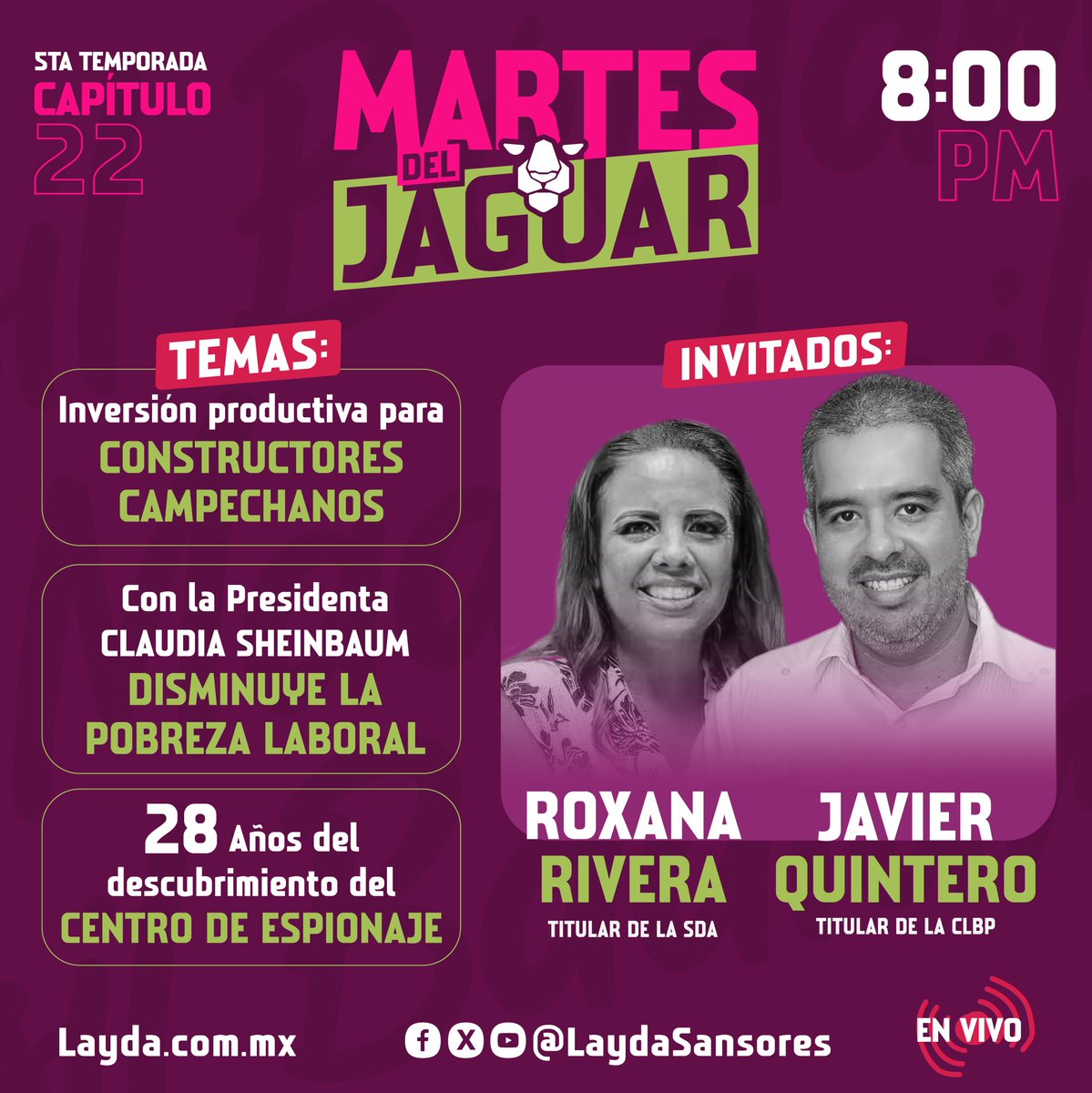 LaydaSansores's tweet photo. Hoy en el #MartesDelJaguar hablaremos sobre la inversión productiva, la disminución de la pobreza laboral a nivel nacional y los 28 años del descubrimiento del Centro de Espionaje.

Nos vemos a las 8:00 PM. https://t.co/5ZmBupMlt6