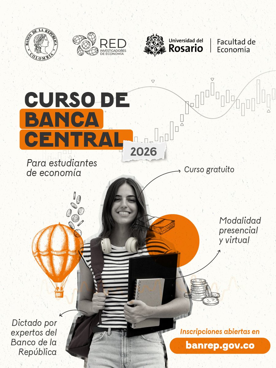 🎓 ¿Es estudiante de economía?
El Banco de la República y la Red de Investigadores de Economía invitan a participar en el Curso de Banca Central 2026, un programa gratuito diseñado para que estudiantes de Economía profundicen en los conceptos clave de la macroeconomía y la