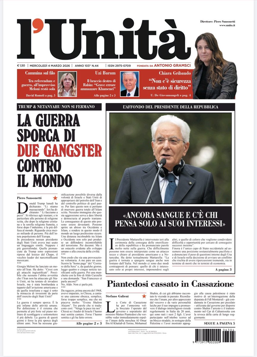 unitaonline's tweet image. 📰 La prima pagina dell’#Unità del #4marzo

Abbonati subito: bit.ly/ABBONATI-SUBITO