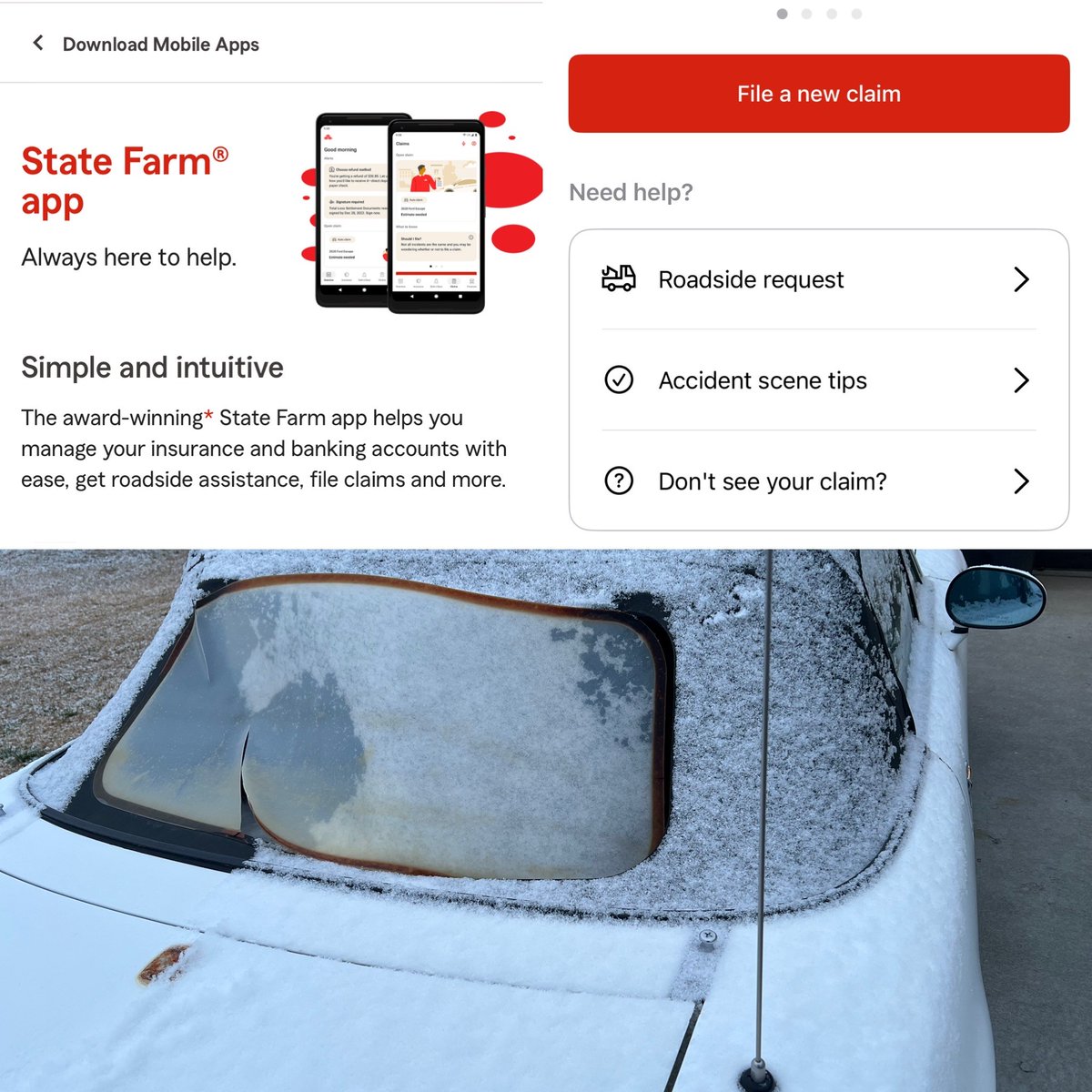 McCainStateFarm's tweet image. Sometimes State Farm Agents get to be State Farm customers. Not the way to start a morning, but I found our claims process on the mobile app to be easy and efficient, so at least it was a learning opportunity. #statefarm #statefarmapp #statefarmclaims