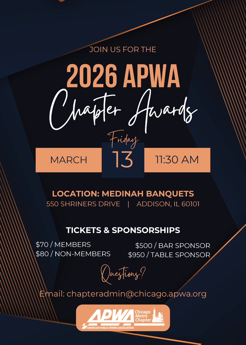 🎉 Join us Friday, March 13, 2026, for the Annual Chapter Awards Lunch at Medinah Banquets! 🏆 Celebrate our amazing members' accomplishments! 🎊✨ Register now: my.apwa.org/s/lt-event?id=… 💫 #AWardsLunch #CelebrateSuccess