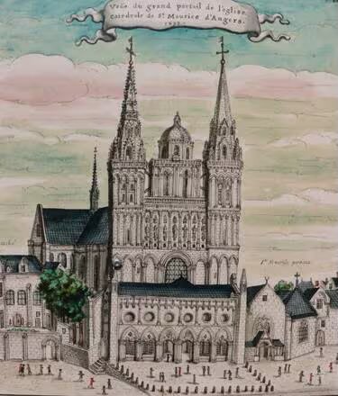 Voici à quoi ressemblait l’ancien porche médiéval de la cathédrale d’Angers, détruit en 1806. Ce porche monumental (le narthex) s'élevait devant la façade, face au parvis. Il fut détruit pour raison de vétusté. De style gothique angevin, placé devant le portail d'entrée, il