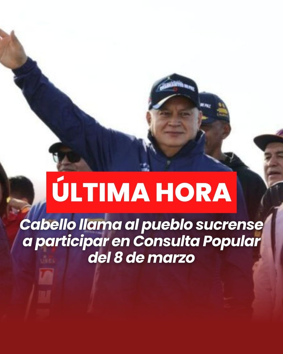 maevenof's tweet photo. El vicepresidente sectorial de Política, Seguridad Ciudadana y Paz, Diosdado Cabello Rondón, convocó a la población de Cumaná (estado Sucre) a participar masivamente en la Consulta Popular Nacional del 8 de marzo. Tras reunirse con los consejos comunales de la región oriental, dictó lineamientos para que el pueblo se involucre en esta “opción de democracia participativa” y destacó que se trata de la séptima consulta presupuestaria. En el acto de entrega de patrullas y motos a los Cuadrantes de Paz, Cabello enfatizó que los habitantes están listos para acudir a los centros de votación.

https://t.co/SV3wxMZcqz

#LosQueremosDeVuelta #BringThemBack #FreeCilia #FreeMaduro #venezuela