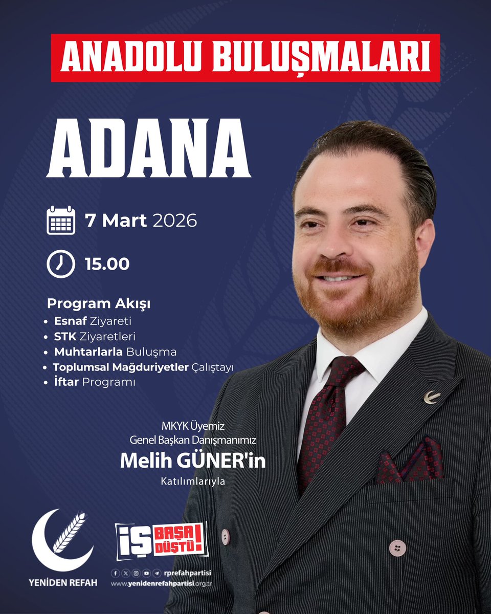 Genel Başkan Danışmanımız Melih Güner; MKYK Üyelerimiz ve Toplumsal Mağduriyetler Kurulu Komisyon Başkanlarımızla birlikte 7 Mart Cumartesi günü Adana’da olacaktır. 

<a href="/erbakanfatih/">Dr. Fatih Erbakan</a> <a href="/magdursuztoplum/">Toplumsal Mağduriyetler Kurulu</a> <a href="/melihguuner/">Melih Güner</a>