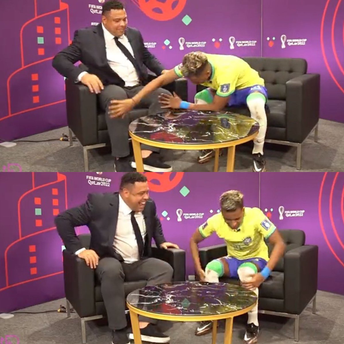 Tras una entrevista en el Mundial de 2022, Rodrygo tocó las piernas de Ronaldo y luego las suyas.

Ahora se ha roto el ligamento cruzado anterior y está fuera del Mundial de 2026.