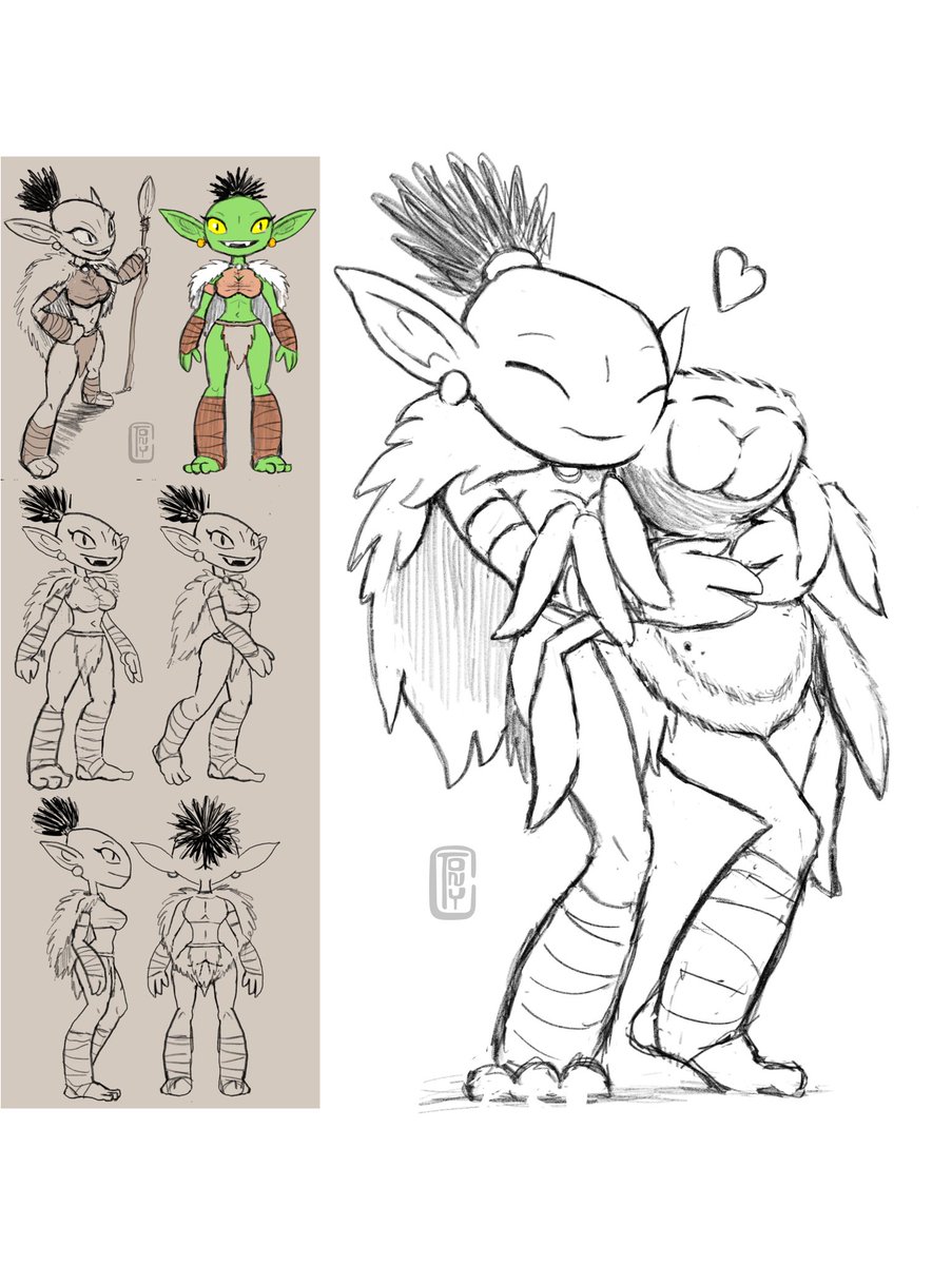 Tonycartoonish's tweet photo. For #goblinweek2026, I challenged myself to draw my goblin girl OC, Patch, in different poses. This scene captures her and her loyal friend Buttons hugging it out. #goblinweek #goblin #originalcharacter #goblingirl https://t.co/pdVpmYY4XW