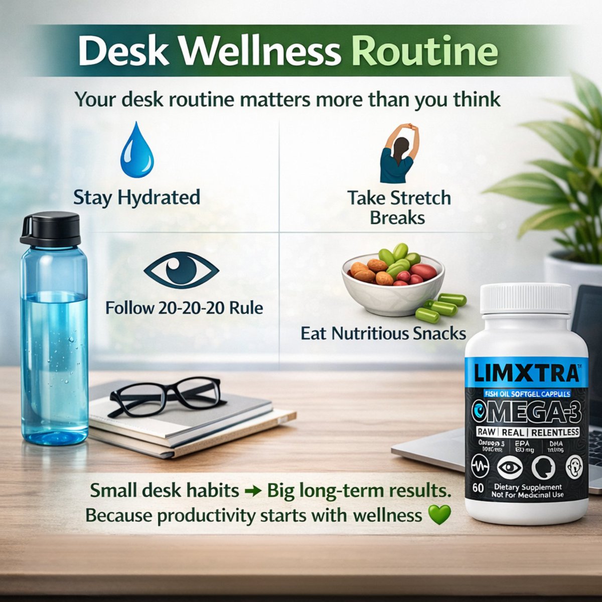 limxtra0's tweet image. Healthy desk habits matter.
Hydrate.
Stretch.
Support your body.
Wellness fuels productivity 💚
#DeskRoutine #OfficeWellness #HealthyHabits #Productivity #OfficeWellness #DeskHabits #WorkHealth #HealthyRoutine #CorporateWellness #Omega3Support #Limxtra