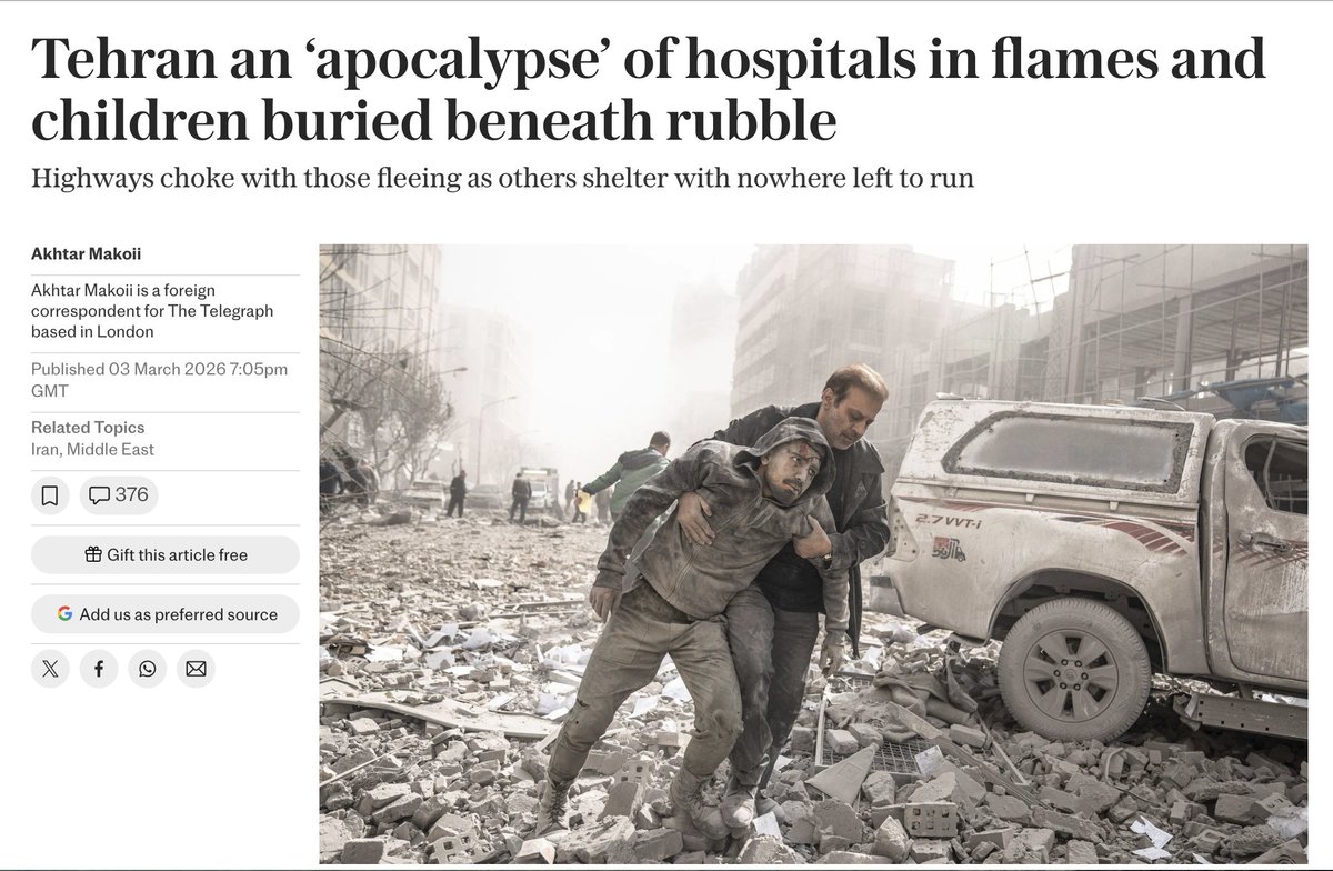 freemonotheist's tweet photo. 'American and Israeli aircraft bombed hospitals, residential buildings and schools across Tehran on Tuesday in what residents described as “an apocalypse”.' ~ Today's Telegraph detailing horrific war crimes.