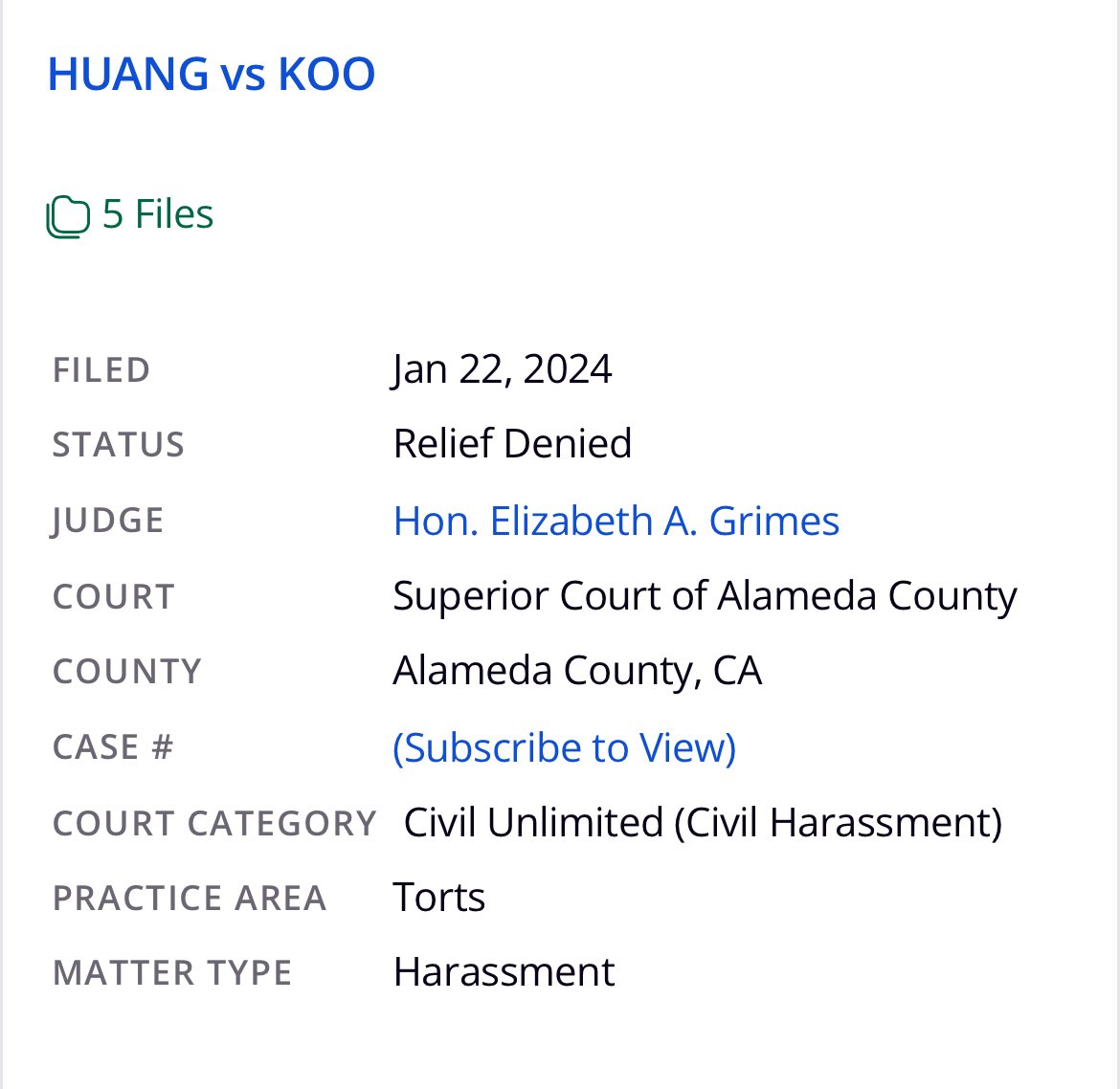 watch_du80548's tweet photo. Wendy Huang:

You don’t get to shout harassment at rallies while filing paperwork in court and then pretend none of it exists.

Court records, Alameda County Superior Court
Filed January 22, 2024 
Multiple Civil Harassment matters before Hon. Elizabeth A. Grimes.

📌 HUANG v. SOLNORDAL
Status: Relief Denied
Category: Civil Unlimited – Civil Harassment

📌 HUANG v. LAM
Status: Dismissal
Category: Civil Unlimited – Civil Harassment

📌 HUANG v. KOO
Status: Relief Denied
Category: Civil Unlimited – Civil Harassment

📌 CH-100 v. David Chan
Status: Denied (10/24/2024)
Category: Civil Harassment

All filed the same day (except Chan, filed 01/22/2024 and resolved 10/24/2024). Outcomes documented in court records. Public record.

When the pattern includes repeated court filings, people will notice. That is not harassment. That is documentation.

If you bring political disputes into courtrooms, the public record follows.
#FremontCA #California #KitchenNightmares #AD24 #CA14 #WinWithWendy 😂🍿#Lawsuits 🧳🫆🚓🔑🗄️📁⚖️
#PublicRecord #AlamedaCounty #WendyHuang #UnionCity #AlamedaCountyGOP