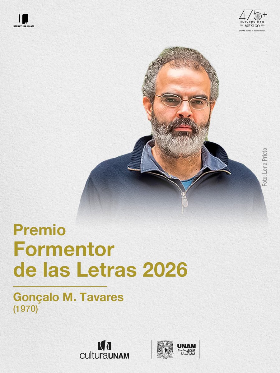 LiteraturaUNAM's tweet photo. Gonçalo M. Tavares se alza con el Premio Formentor de las Letras 2026 🏆. El autor portugués, nacido en Angola y formado en Física y Epistemología, es una de las voces más fascinantes de la literatura actual. Con una precisión matemática y un estilo que desafía géneros, Tavares ha sido traducido a más de 50 lenguas y es considerado por la crítica (y por el propio Saramago) como un arquitecto de la inteligencia contemporánea 🖋️✨.

Este galardón celebra una trayectoria que une ciencia, poesía y narrativa en un universo literario único. ¡Enhorabuena! 👏

¿Lo has leído? ¿Cuál de sus libros recomendarías?📚

#PremioFormentor2026 #GonçaloMTavares #LiteraturaPortuguesa #LetrasFormentor #AutoresRecomendados