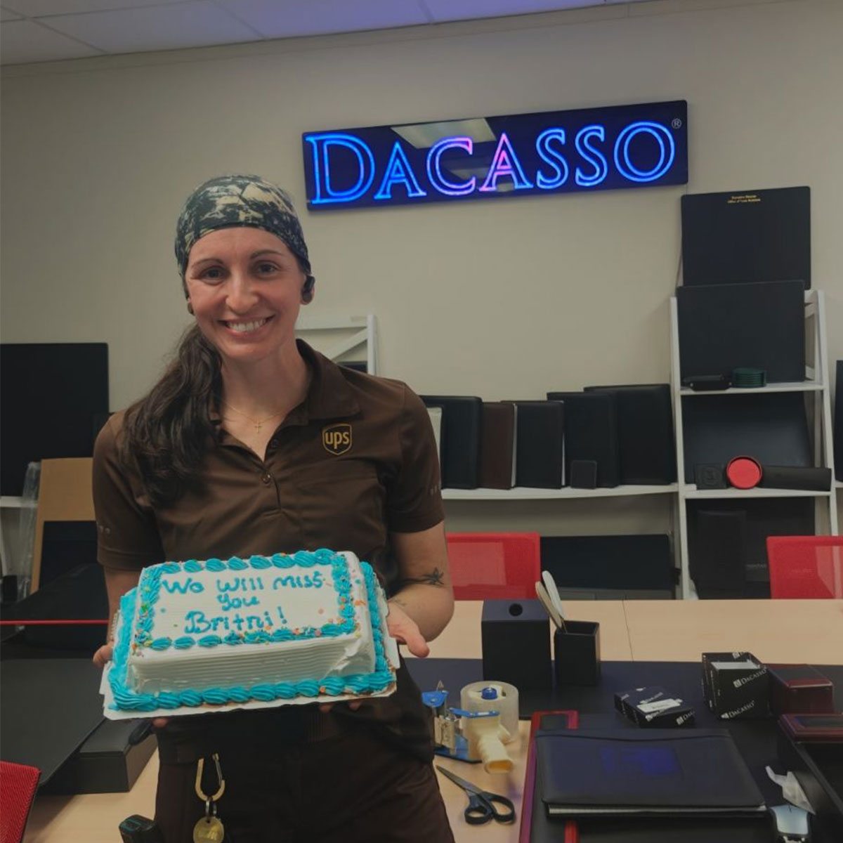 Dacasso's tweet photo. Our favorite UPS driver is no longer picking up for Dacasso😢

Thank you for your wonderful service Britni and good luck with your future endeavors! We will miss you!! https://t.co/2lPueP2KTo