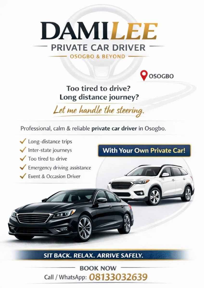 My name is Dami and I can be your private driver
You don't have to make that trip alone, I can drive you there 
I can pick up your loved ones/client/car from the airport/other states for you if you're preoccupied

Comfort ¦ Safe | Reliable

wa.me/2348133032639

Kindly RT