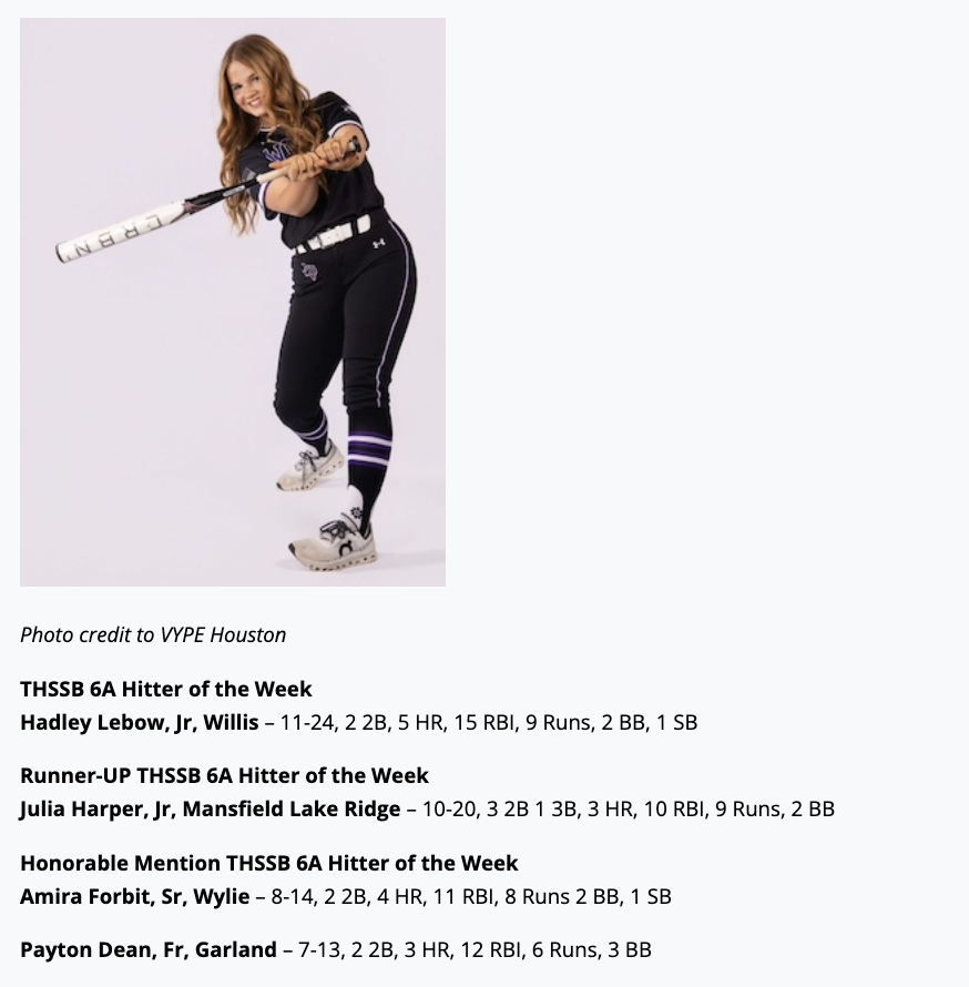 TxHS_Softball's tweet photo. THSSB 6A Hitter of the Week – Mar 3

@hadley_lebow @WHS_LadykatSB @JuliaHarper2027  @lakeridgesb @amira_forbit https://t.co/1ZQBzSXCr5
