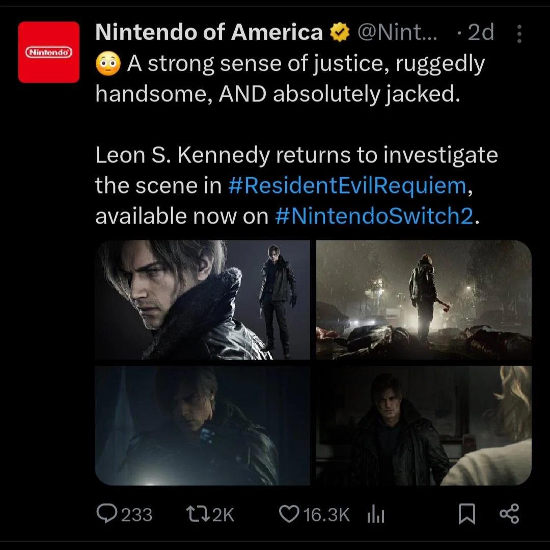 Official Nintendo of America account thirsts for Leon Kennedy.

They won't do this for female characters.