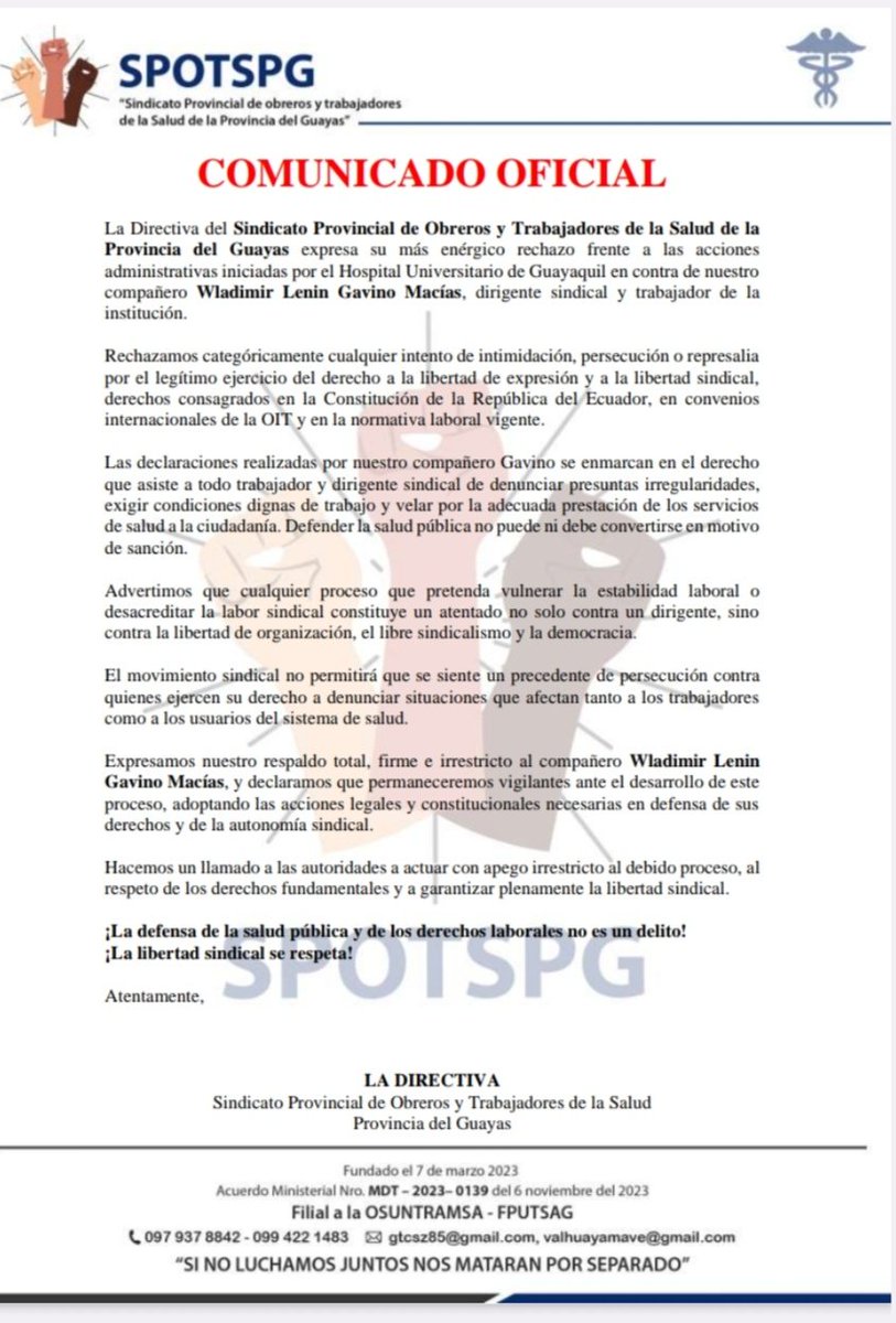Solicitar información como represalia por declarar públicamente es una forma de intimidación. Exigimos respeto a la libertad de expresión y garantías para quienes denuncian ¡La transparencia no se castiga!
<a href="/CorteConstEcu/">Corte Constitucional</a> <a href="/Salud_Ec/">Ministerio de Salud Pública 🇪🇨</a> <a href="/Salud_CZ8/">Coordinación Zonal 8 🇪🇨</a> 
<a href="/ecuavisa/">Ecuavisa</a> <a href="/Expresoec/">Diario Expreso</a>
<a href="/FPTSaludGuayas/">Federación Provincial Única Trabajadores Salud</a>