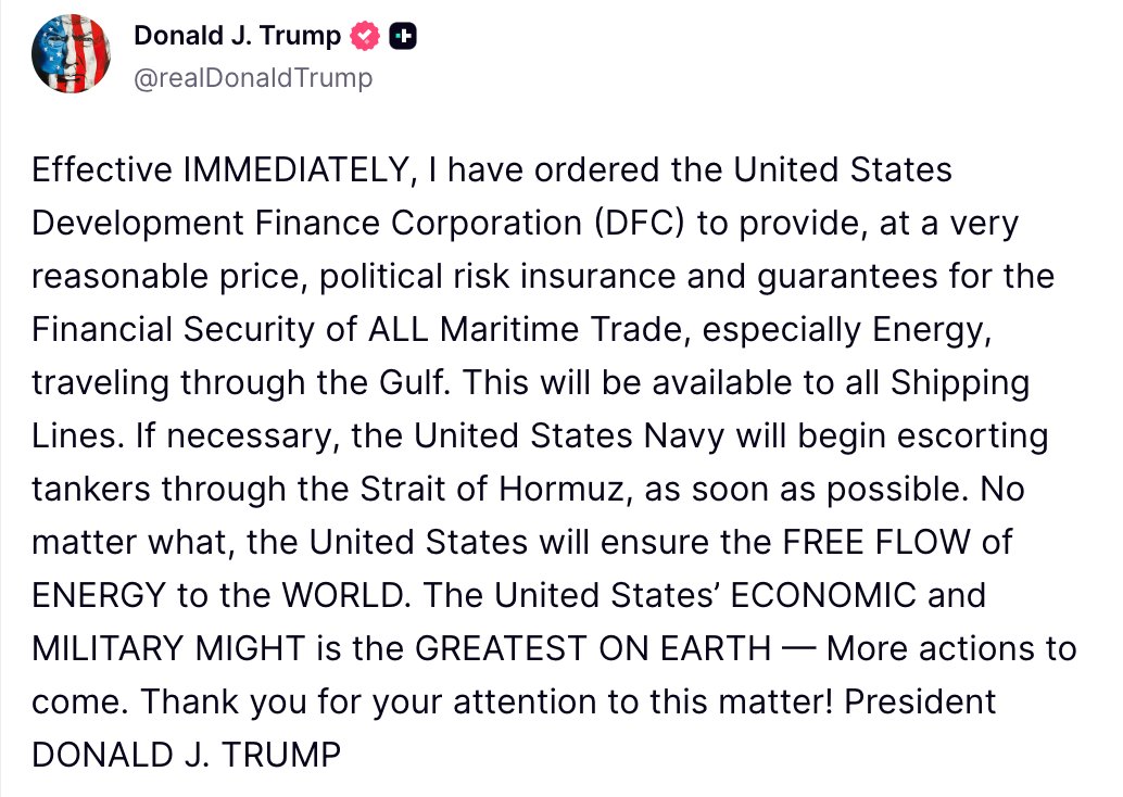BREAKING: Trump takes action to secure Straights of Hormuz transits.