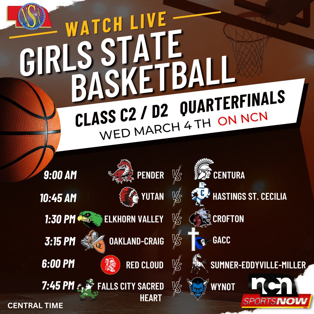 📺 GIRLS STATE 🏀 DAY 1: Class C2/D2 ⛹️‍♀️

HOW TO WATCH: tinyurl.com/2w6xfabp 👀

9a:🐲<a href="/pendragonupdate/">Pender Public School</a>/<a href="/CenturaSchool/">Centura School</a>⚔️
10:45a:🪶<a href="/YutanChieftains/">Yutan Public Schools</a>/<a href="/HCSBluehawks/">Hastings Catholic Schools</a>🔵
1:30p:🟢<a href="/EVFalcons/">Elkhorn Valley</a>/<a href="/CroftonWarriors/">Crofton Warriors</a>🏹
3:15p:🟠<a href="/OC_Knights/">O-C Knights</a>/<a href="/gaccgirlsbball/">GACC GirlsBasketball</a>🐦
6p:🔴<a href="/rcwarriors1/">Red Cloud Schools</a>/<a href="/SEMMustangs/">SEM MUSTANGS</a>🐴