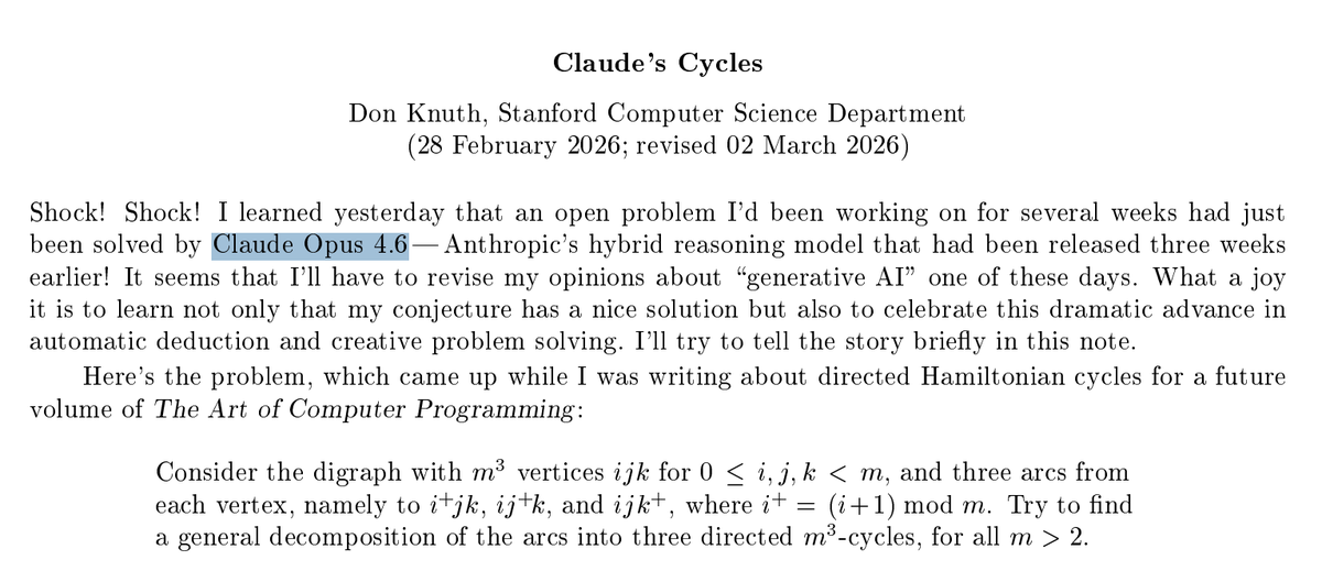 Also, Donald Knuth solving a problem he's been working on for several weeks with Claude Opus 4.6