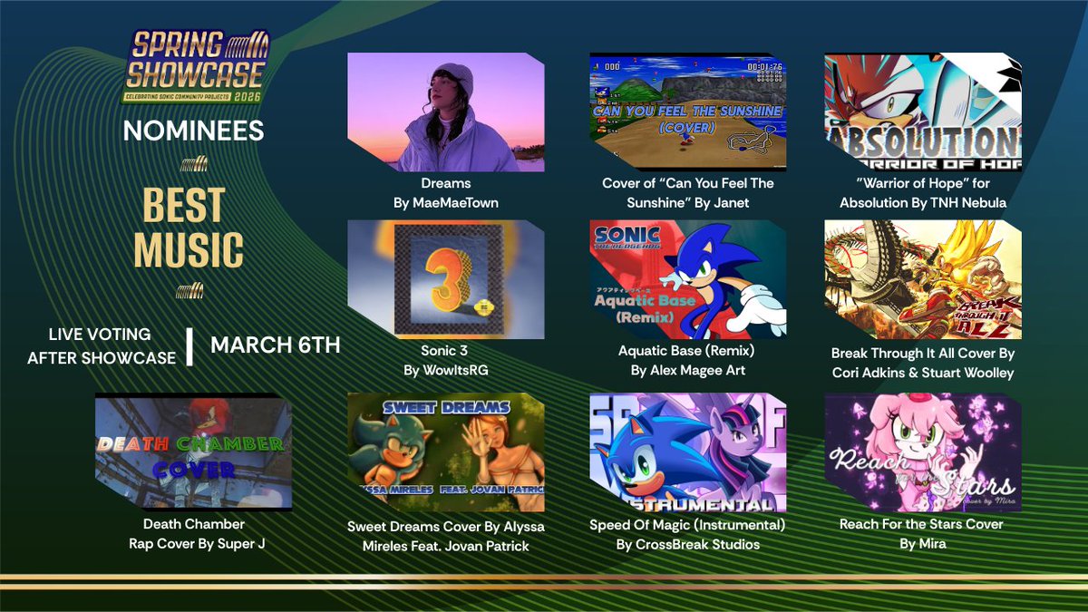 SonicExpo's tweet photo. ✨ Best Music Nominees ✨

The Sonic community lives and breathes through its music. Which track sped past the competition? https://t.co/W811aIqWeV