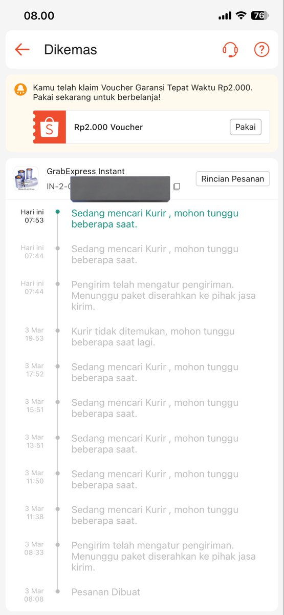 ChaForger's tweet photo. ini akun shopee gue lagi kenapa yaa, co instan dari senin gak dapet driver terus, masa ongkir instan tapi service kayak reguler 😴 @ShopeeID https://t.co/y5jtF5j4Yp