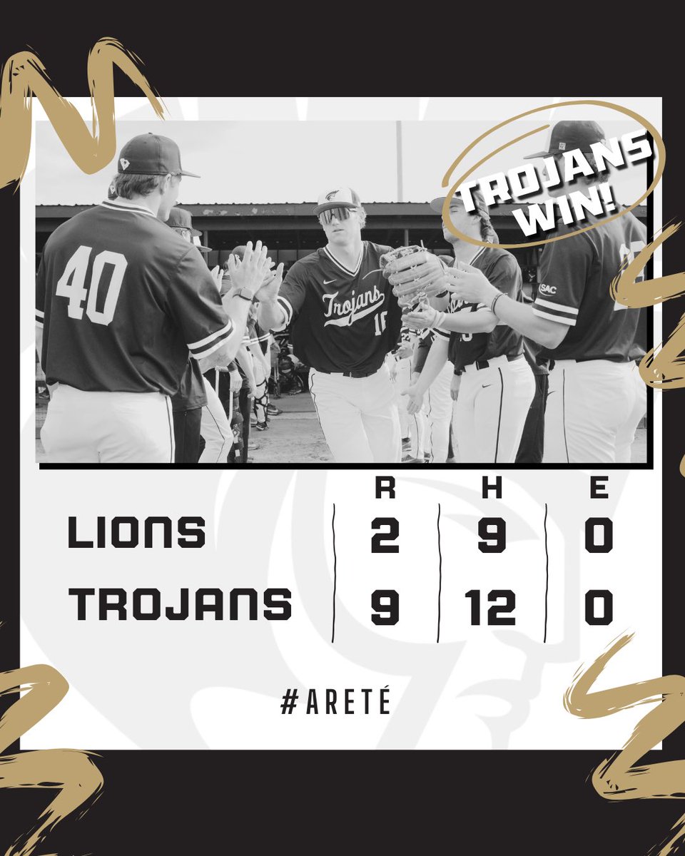 Bag Secured 🔒

Trojans⚔️ take the game over the Lions 9-2 and improve to 14-5 on the season💪

<a href="/DentonMyles/">Myles Denton</a> 2-4 💣 4 RBI
<a href="/BenBullard5/">Ben Bullard</a> 3-4 2B 3B RBI
<a href="/BraedenHarriso3/">Braeden Harrison</a> 2-4 💣 RBI 

<a href="/B_Clarke3933/">Brendan Clarke</a> W 6.0 4K’s 

#Areté