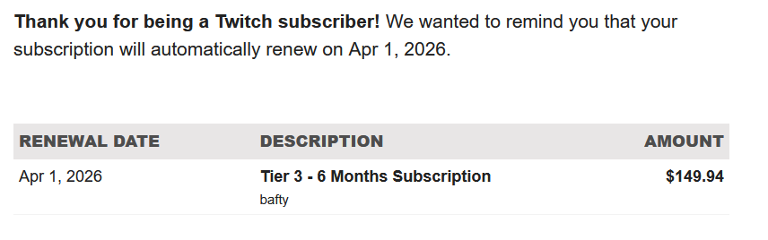 Tmzoids's tweet photo. @TwitchSupport Hello there, I have a subscription question. I am subbed for 6 months in advance. I got my email of my renewal date. Its charging me full price for the 6 months instead of the offered discounted price on your website. Attached are the email i received and web offer https://t.co/l3zaP2GAWe