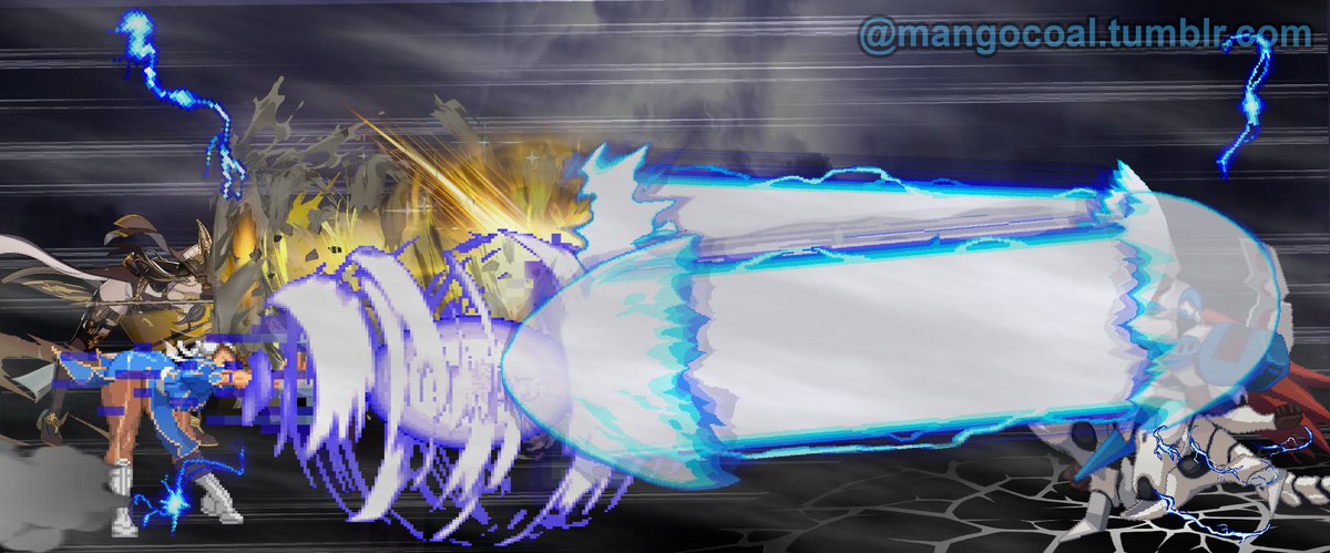 MangoCoal01's tweet photo. Just an edit I did for fun. #gbf_galleon &amp; #ChunLi are beam battling against #ggxx_Justice. I thought it'd be fun to pair them together because their f.H &amp; EX Kikoken poses are so similar. Editing #fg #sprites reminds me of when I'd play with toys/action figures as a kid. https://t.co/9b3mz7all2