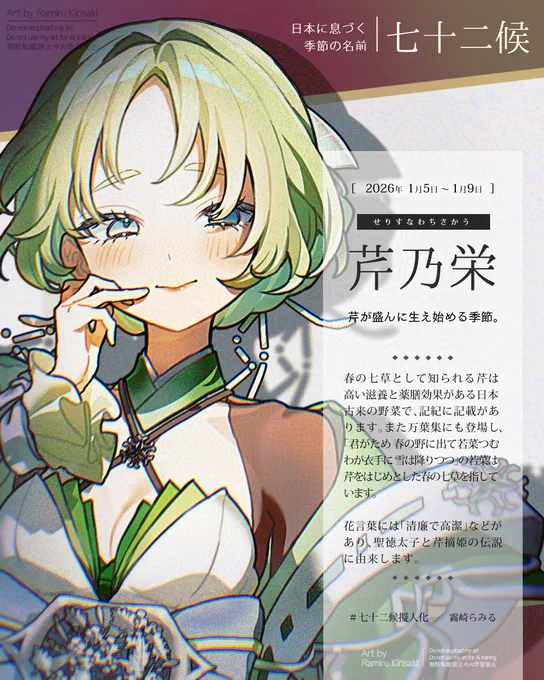 【七十二候擬人化:芹乃栄】1/5～1/9は「せりすなわちさかう」 邪気払いや無病息災を願う春の七草の一つ。万葉集では光孝天皇が「きみがため 春の野に出でて 若菜つむ 我が衣手に 雪は降りつつ」と詠っていますが、この若菜が芹という説も。花言葉「清廉で高潔」を表すかのように白く可憐な花が咲きます