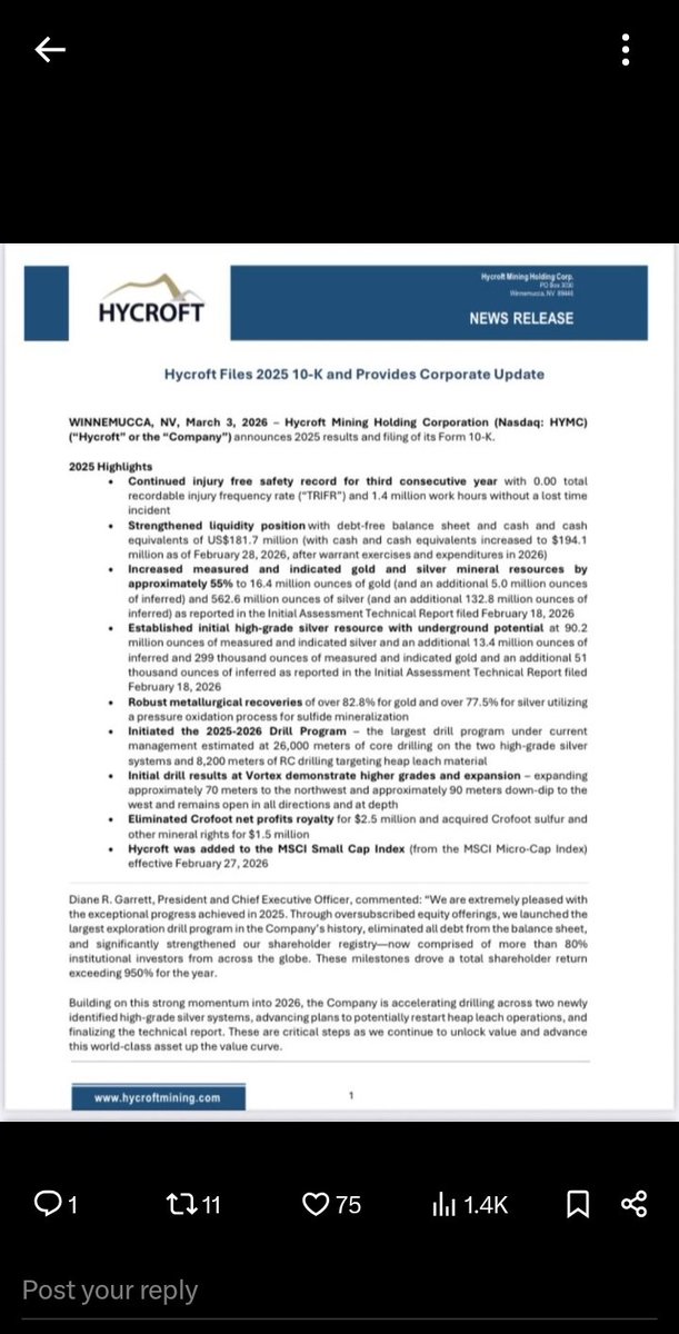 Something most people missed in the $HYMC update…
Hycroft was added to the MSCI Small Cap Index.
Translation:
-ETFs and index funds now have to buy it.
-Passive money flowing in
while gold &amp; silver are breaking out.
-Quiet accumulation before the crowd notices.