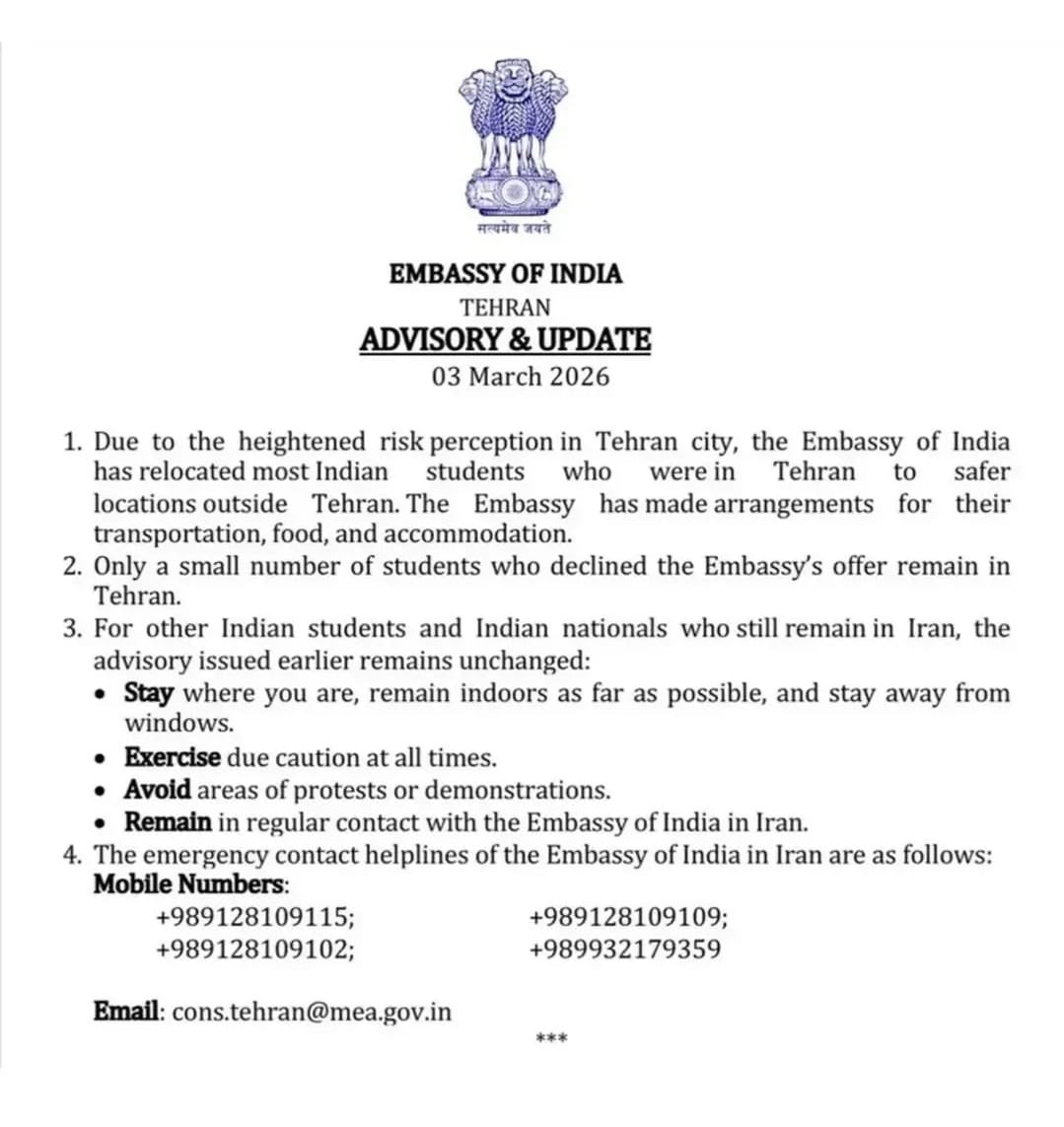 jkcareerguide's tweet image. 🚨 Important Advisory for Indian Nationals in Iran 🇮🇳

Your safety comes first. Please stay alert, follow official guidance, and remain in contact with the Embassy.

#StaySafe #EmbassyOfIndia #IndianStudents #Tehran #TravelAdvisory #KCCA