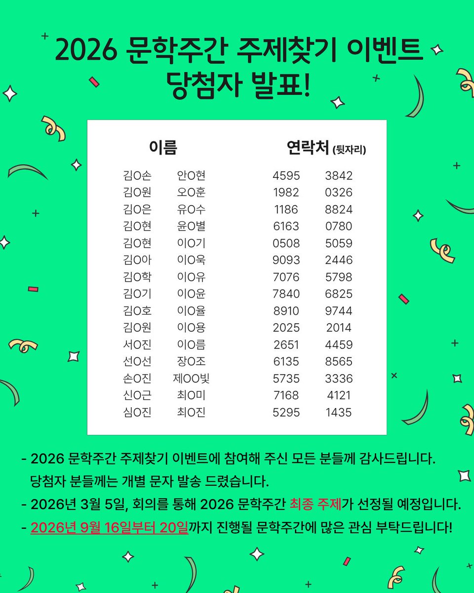 munhak_week's tweet photo. [2026 문학주간 주제찾기 이벤트 당첨자 발표]
2026 문학주간 주제찾기 이벤트에 참여해주신 모든 분들께 감사드립니다🙇‍♂️🙇‍♂️
무려 600건이 넘는 주제가 모집되었는데요,
추첨을 통해 당첨된 명단을 공개합니다!
당첨자 분들께는 개별 문자를 발송 드렸습니다🎁🎁 https://t.co/8LCc9rHsID