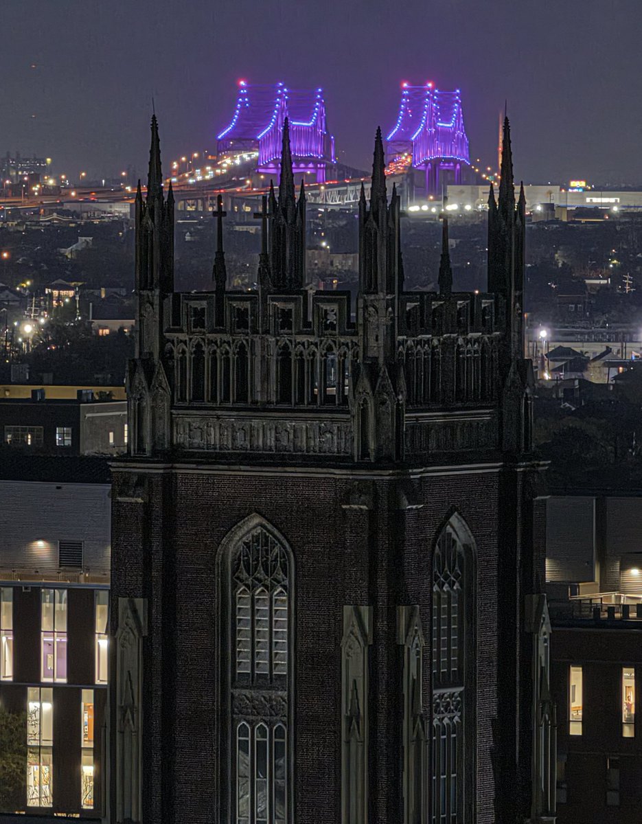 Night view with Holy Name of Jesus Church (Loyola University) and purple bridges, New Orleans