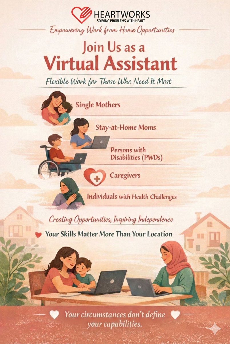 Anyone seeking a virtual assistant (VA) role? Wfh, flexible work. Exclusively for Malaysian single mums &amp; stay-at-home mums, PWDs, caregivers!

📍heartworksva.com.my/join-our-team/