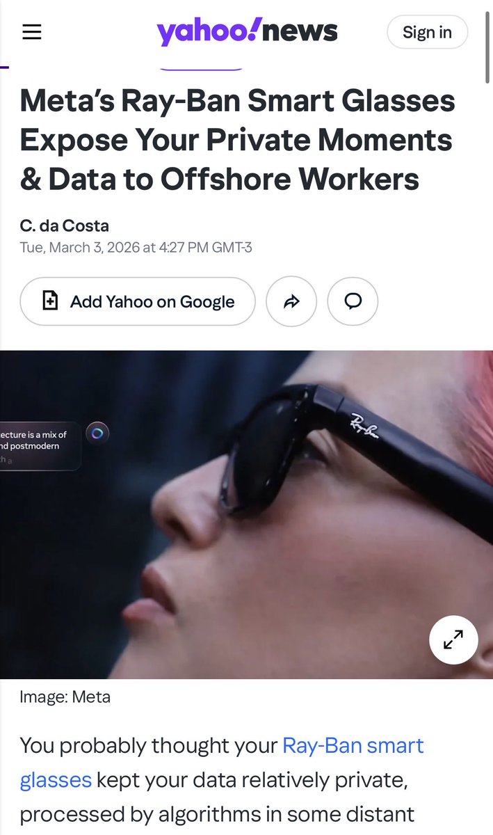 WTF. 😨

Trabajadores tercerizados en Kenia que fueron contratados para etiquetar videos para entrenar IAs denuncian que estarían viendo momentos íntimos de usuarios vistiendo anteojos IA Meta cuando se cambian de ropa, están en el baño o están teniendo sexo.

WTF. 😳