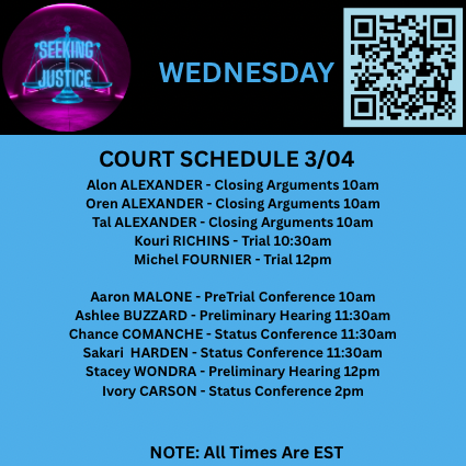 ⚖️ Here is your court docket curated from the files in Seeking Justice of who is scheduled to appear in court tomorrow.
🔎 Find current documents &amp; media related information pertaining to these cases and MANY others by scanning the QR code for free access to our Discord!