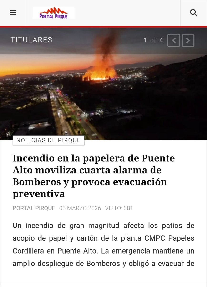 portalpirque's tweet photo. 🚒 Incendio en la #papelera de #PuenteAlto moviliza cuarta alarma de Bomberos.

El siniestro afecta los patios de acopio de la planta #CMPC Papeles Cordillera y obligó a evacuar preventivamente a familias del asentamiento Pie Andino.

Más información:
 https://t.co/6msWwVfkdg https://t.co/yi5OP8MBgX