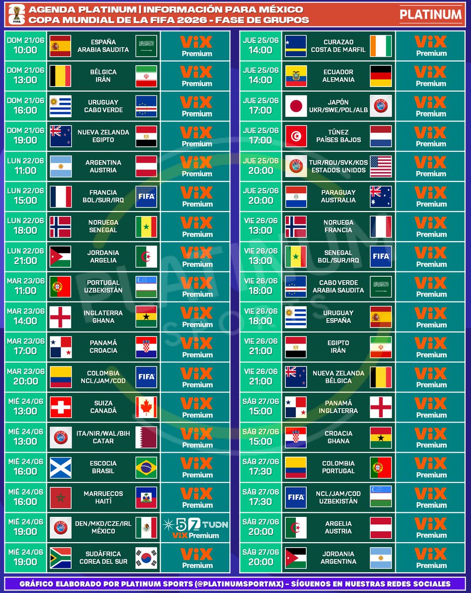 ¡CALENDARIO DEL MUNDIAL 2026!

⚽️ #AgendaPLATINUM 
🗓️ Calendario de la Copa Mundial de la FIFA 2026 🇨🇦🇲🇽🇺🇸

📺 Por confirmar el resto de partidos por TV Abierta.
➡️ Todos los partidos en el Pase Mundial de VIX Premium.
⏰ Horarios del Centro de México (CDMX).
⚠️ Sujeto a cambios.