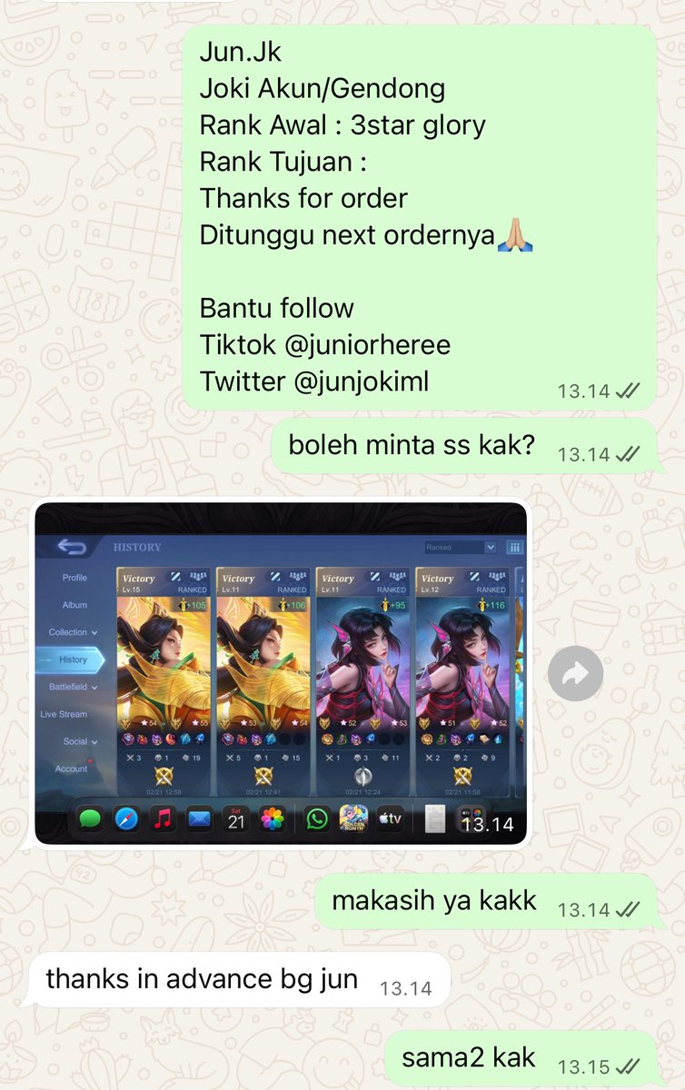 done

jokgen tiknor 30⭐️
jokgen honor 10⭐️
jokgen glory 3⭐️
jokgen glory 3⭐️

myang mau joki ml/gendong sung aja chat wa dibio ya