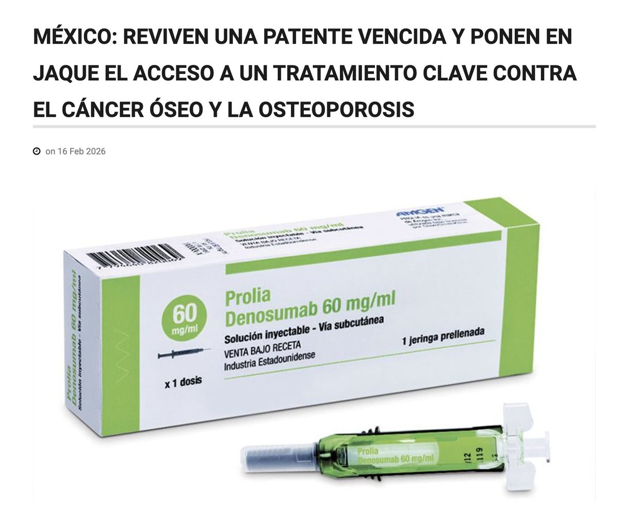 JoseMarioMX's tweet photo. La patente de denosumab (Prolia, Amgen) venció en junio de 2022. Como manda la lógica de patentes, al cumplirse el plazo, el medicamento entra al terreno donde nacen los biosimilares: otros laboratorios invierten años y millones para lanzar alternativas más baratas. Ese era el “día siguiente” que ya estaba corriendo en el mercado.

Luego vino el giro: cuando ya había vencido, Amgen pidió al IMPI extender la patente. El IMPI rechazó —la idea de reactivar una patente caducada rompe certeza jurídica— y entonces Amgen llevó el pleito a tribunales. Según lo reportado, el argumento clave fue apoyarse en un artículo del antiguo TLCAN para sostener que correspondía “compensar” el tiempo (y, con ello, alargar la exclusividad).

Y aquí el final que prende las alarmas: el Tercer Tribunal Colegiado en Materia Administrativa del Primer Circuito concedió el amparo y ordenó extender la exclusividad hasta 2027. Aún no está disponible el engrose (por eso no conocemos el razonamiento completo), pero el efecto práctico ya está: mover la meta después de que terminó la carrera. Para la industria de biosimilares/genéricos, eso es dinamita para la inversión y para el acceso a medicamentos.

https://t.co/xpr4pLVOe5