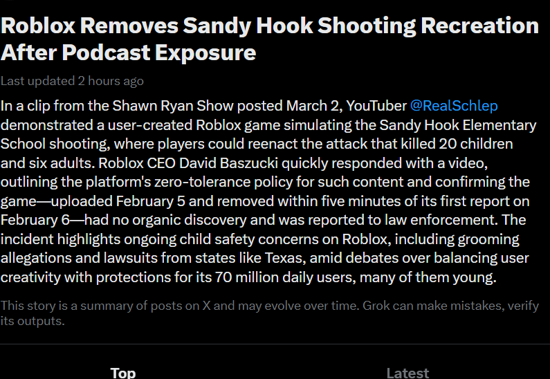 Yeshen091's tweet photo. This is fucking insane

Someone recreated a shooting on Roblox.

he incident highlights ongoing child safety concerns on Roblox, including grooming allegations and lawsuits.

This is Robloxgate

https://t.co/yiXOda2ngC https://t.co/W6FtV7eaz2