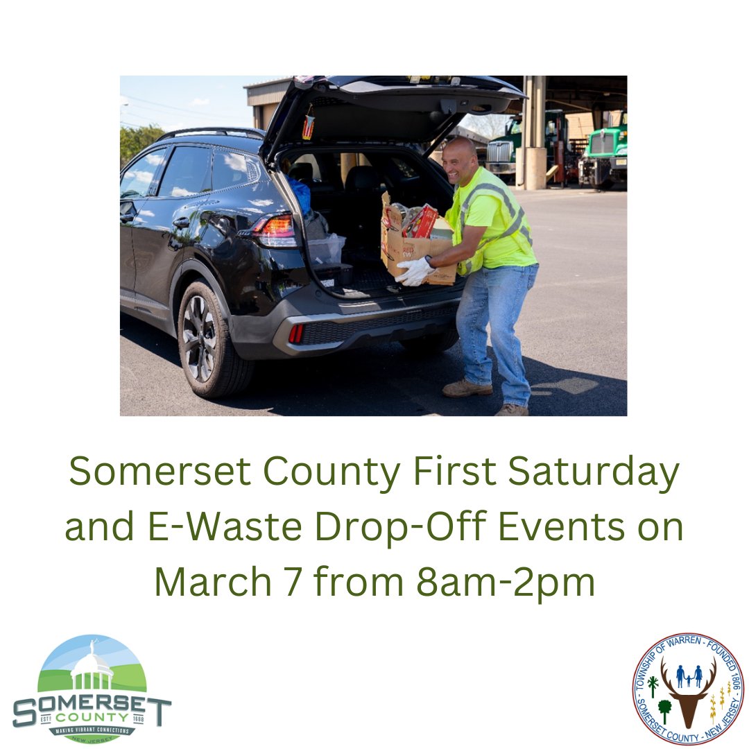 Somerset County is inviting residents to safely dispose of unwanted recyclables and electronic waste at the First Saturday and E-Waste Drop-Off events on Saturday, March 7, 2026.

For more information about the events please go to:
conta.cc/40LC3Ba
somersetcountynj.gov/government/pub…