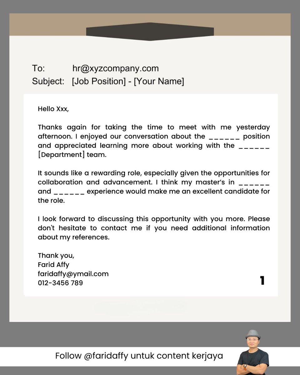 Lepas settle je interview, korang jangan mencangok je. Ramai orang habis interview terus balik tidur.

Cuba try test la balik nanti, buka laptop and send email ni kat interviewer tadi.

Ni ada 4 template untuk korang copy paste 👇🏼