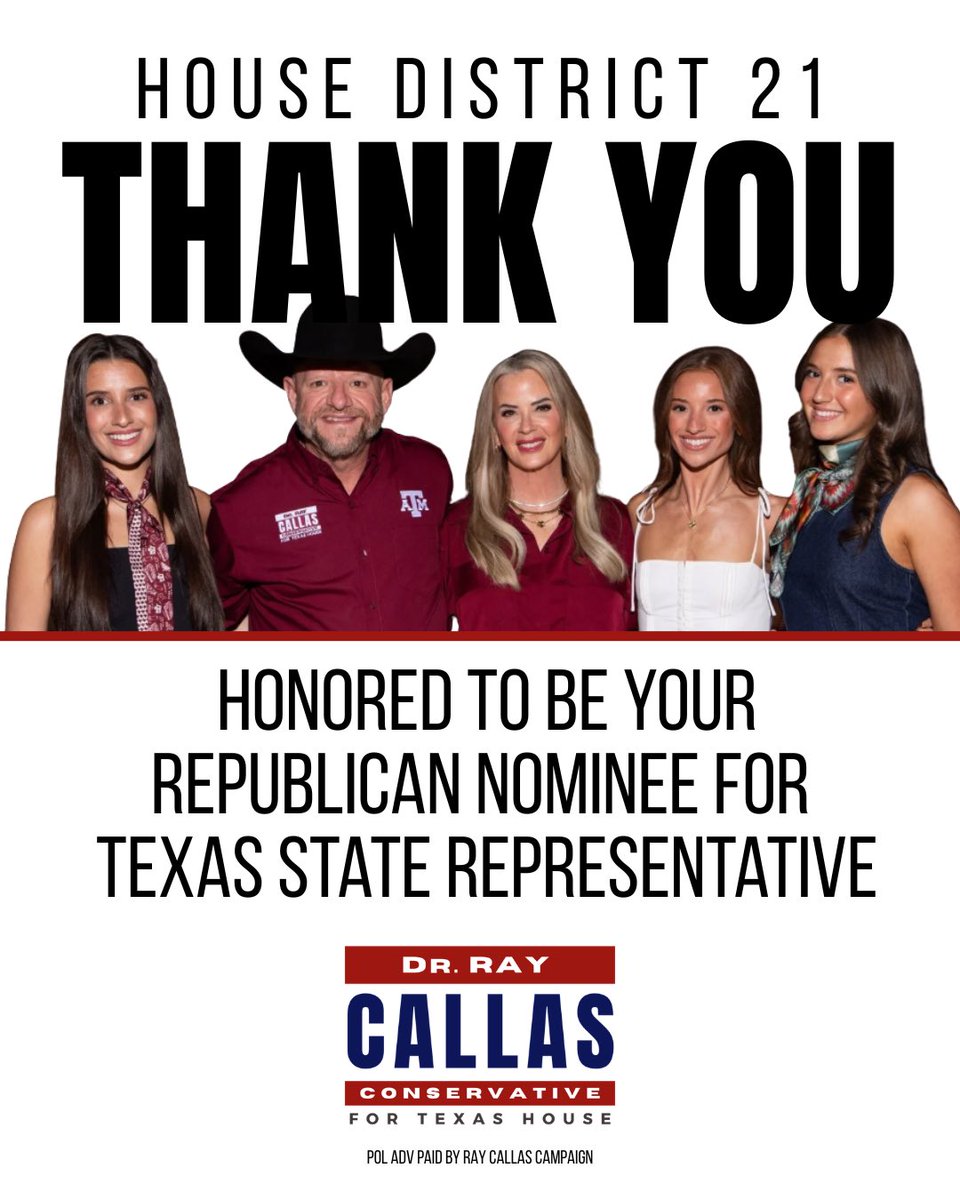 RayCallas4TX's tweet photo. Thank you to everyone who showed up and made your voice heard in HD 21 today. I am honored to be your Republican nominee for State Representative. The work continues as we look ahead to the general election in November. I look forward to continuing the conversation with voters across HD 21. 

A special thank you to my wife and family for their support throughout this campaign. I couldn’t do it without y’all. #txlege