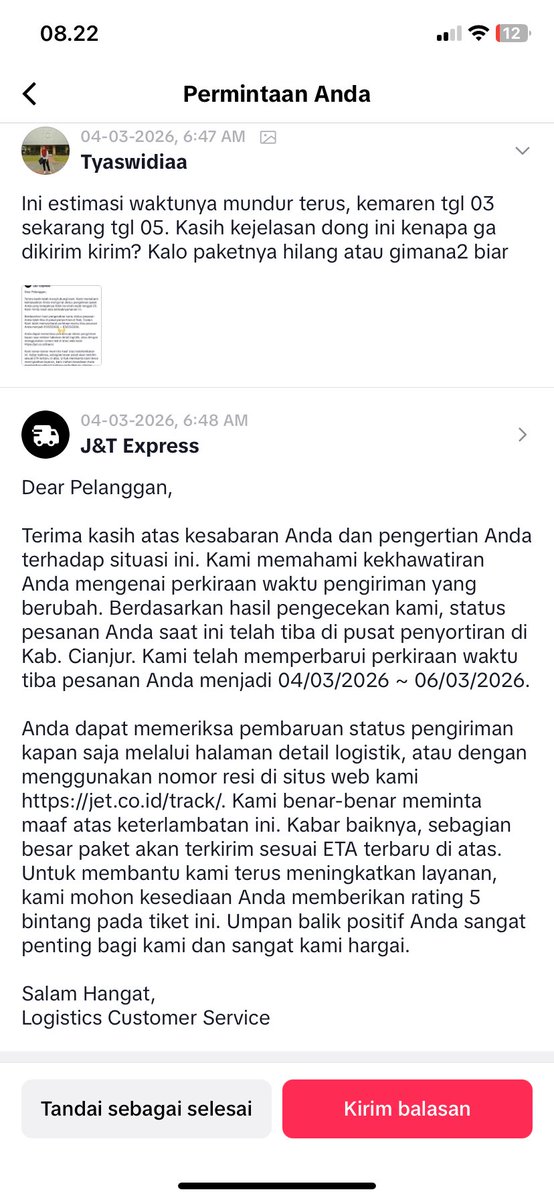 piscokpink's tweet photo. @jntexpressid  ini tolong gimana ya paket ga sampe-sampe. Estimasi tiba diperpanjang terus. Dari tanggal 03, 05, 06. Ditanya jawabannya template terus 

Customer experiencenya jelek banget https://t.co/HiMCas5vec